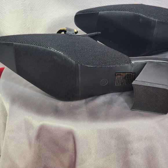 Newbella Black Mousse Fit Pointed Toe Square Heel Gold Tone Chain Dress Mule 7.5 - Picture 15 of 16